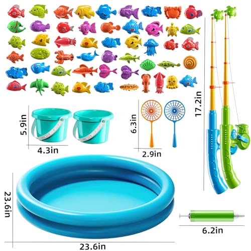 NIPLOOOW Pool Fishing Toys Games, Water Table Bathtub Toy with Inflatable Pool Pole Rod Net Plastic Floating Fish, Birthday Gifts for Kids Age 3 4 5 6 Year Old,Kids Outdoor Toys