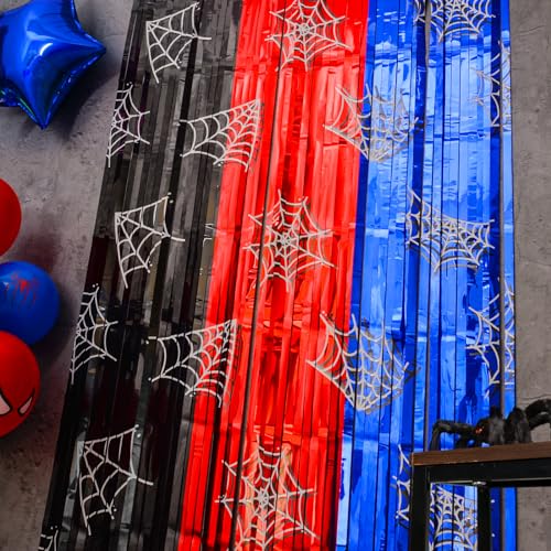 Bupelo Spider Web Birthday Decorations, 2 Pack Spider Party Supplies 3.3x6.6ft Tinsel Foil Fringe Curtains, Red Black, and Blue Photo Booth Prop Backdrop Streamer, Birthday Decor, Party Decor for Boys