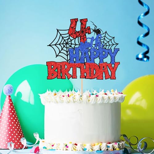 1 PCS Happy 4th Birthday Cake Topper Glitter Spider Web Cheers to 4 Years Four Birthday Cake Pick Superhero Spider Party Decorations for Boys Girls Happy 4th Birthday Party Cake Decorations Supplies