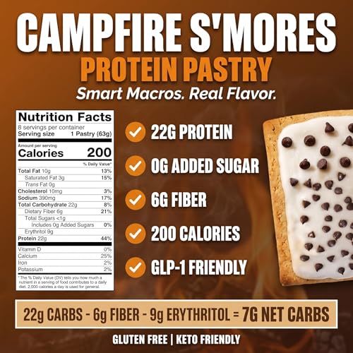 Legendary Foods 22g Protein Pastry 0g Added Sugar, Low Carb, Gluten Conscious, Keto Snack, Ideal for Glucose Management, Includes Whey Protein Isolate, 8 Pack Campfire S'mores
