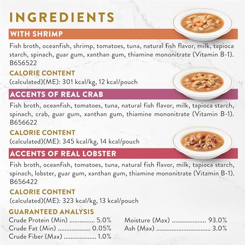 Purina Fancy Feast Broth Seafood Bisque Complement Variety Pack Gourmet Grain-Free Lickable Cat Food Topper, Pack of 12, 1.4 oz. Pouches