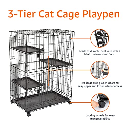 Basics Large 3-Tier Cat Cage Playpen with Easy to Clean Removable Tray, Front Doors, Portable, Foldable, 35.8" x 22.4" x 50.6", Black