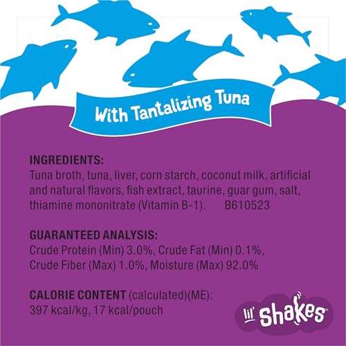 Purina Friskies Pureed Cat Food Topper, Lil’ Shakes With Tantalizing Tuna Lickable Cat Treats - (Pack of 16) 1.55 oz. Pouches