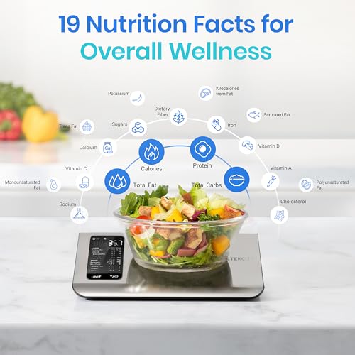 Etekcity Smart Food Kitchen Scale with Nutritional Calculator, Free App with 19 Nutrients Tracking, Calorie, Marco, Digital grams and ounces for weight loss, Premium Stainless Steel, 11lb