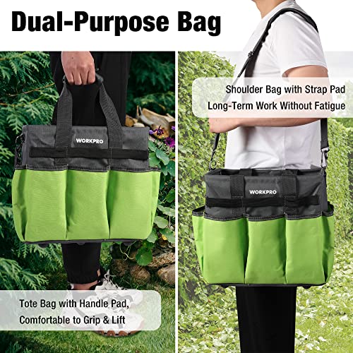 WORKPRO Garden Tool Bag, 10 Pockets and Shoulder Strap, Green | Heavy Duty Gardening Organizer Tote Bag, Standable Garden Tool Organizer (Tools not Included)