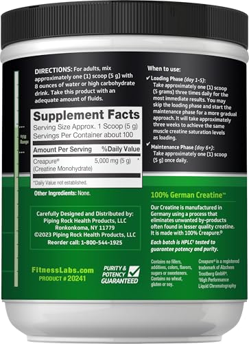 Fitness Labs German Creatine Monohydrate Powder | 500 Grams | Creapure Fitness Supplement | for Men & Women | Unflavored | 100 Servings