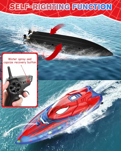 Spider Hero RC Boat, 2.4GHz Remote Control Boat with LED Lights for Kids, Pool Toy with 2 Rechargeable Batteries, Spray Function, and Low Battery Alarm for Boys & Girls