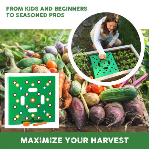 Seeding Square - Patented Seed and Seedling Spacer Tool for Bigger Harvests, Organized Plants & Fewer Weeds – Color-Coded Gardening Template with Dibber, Seed Spoon, Ruler & Planting Guide