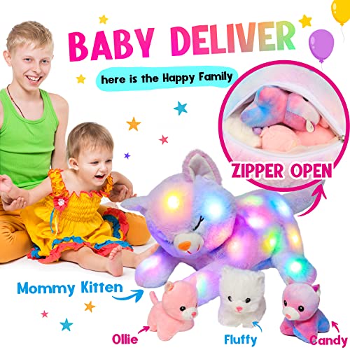 Hopearl LED Plush Cat Lighting Up Stuffed Mommy Cat with 3 Baby Kittens in her Tummy Stuffed Animal Playset Night Lights Glow in The Dark for Mom Kids Toddler Girls, Rainbow, 18''