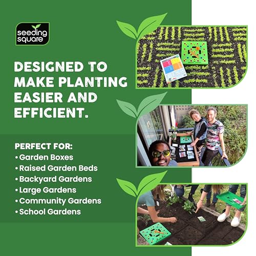 Seeding Square - Patented Seed and Seedling Spacer Tool for Bigger Harvests, Organized Plants & Fewer Weeds – Color-Coded Gardening Template with Dibber, Seed Spoon, Ruler & Planting Guide