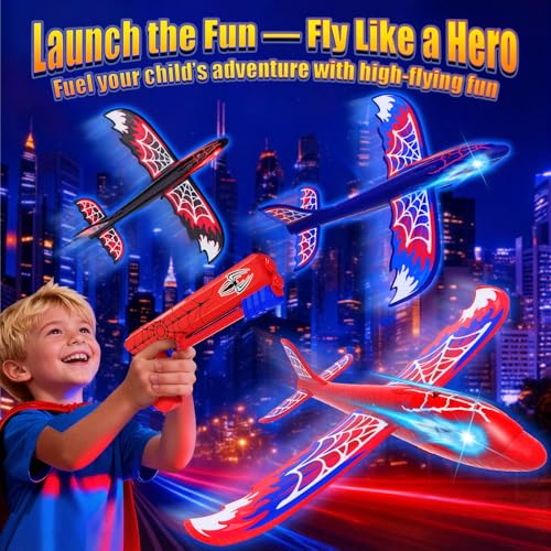 Cool Airplane Launcher Toy with Glowing Eyes & Web-Pattern Wings,2 Flight Modes Outdoor Games for Kids,Boys Toys Age 3-12,Birthday Gifts for 3 4 5 6 7 8 9 10 11 12 Year Old,Kids Gift(Red&Blue&Black)