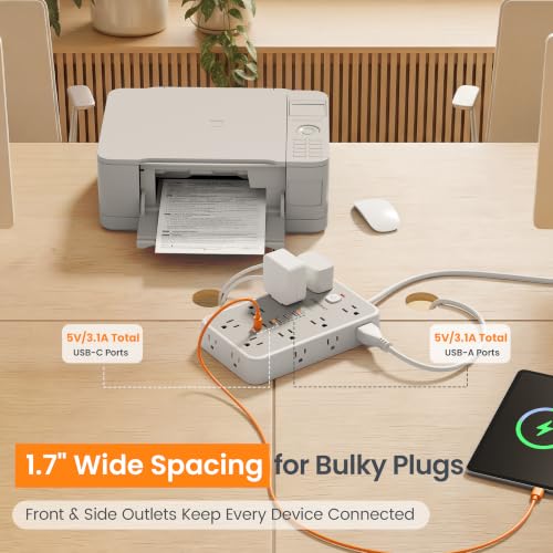 6 FT Surge Protector Power Strip with 6 USB, 16 Outlets, 2400J | 3 USB-A & 3 USB-C Ports, 1.7" Wide-Spaced Outlets, 1875W/15A, Flat Plug, 4-Sided Design for Home, Office, Dorm & Gaming