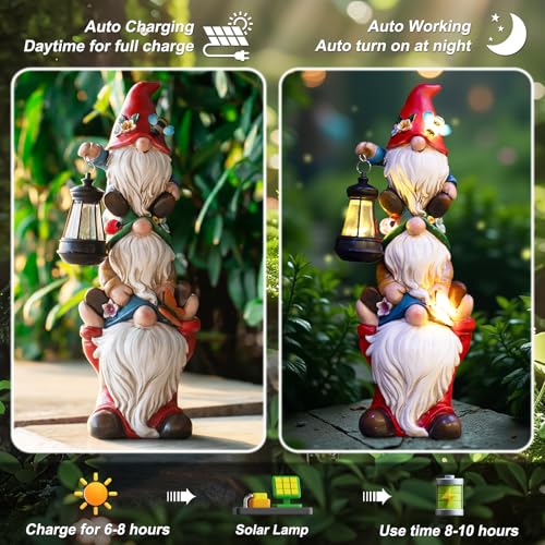 twinbling 12 in Garden Gnome Statue with Solar Lights Birthday Gift for Mom Woman Grandma Garden Sculptures Funny Triple Gnome Outdoor Patio Lawn Yard Balcony Home Decor