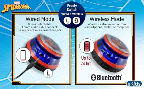 eKids Spiderman Wireless Bluetooth Portable Headphones with Microphone, Volume Reduced to Protect Hearing Rechargeable Battery, Adjustable Kids Headband for School Home or Travel
