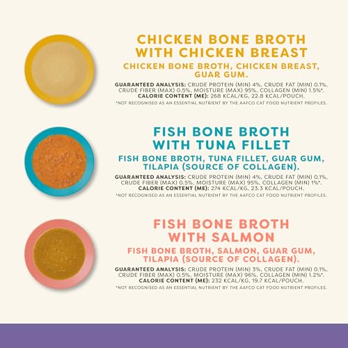 Applaws Bone Broth Fish & Chicken Variety 12-Pack Lickable Wet Cat Food Topper, High Protein, Limited Ingredient, Grain Free, No Artificial Additives (12 x 3 oz Resealable Spout Pouches)