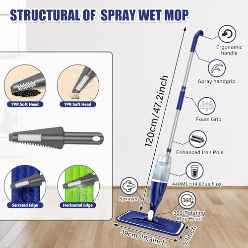 Microfiber Spray Mops for Floors Cleaning: Wet Dry Mop Hardwood Floor Mops | 3 Washable Reusable Pads for Swiffer Powermop, Flat Mop with Sprayer Microfiber Dust Mop, for Tile Wood Laminate Vinyl Marble