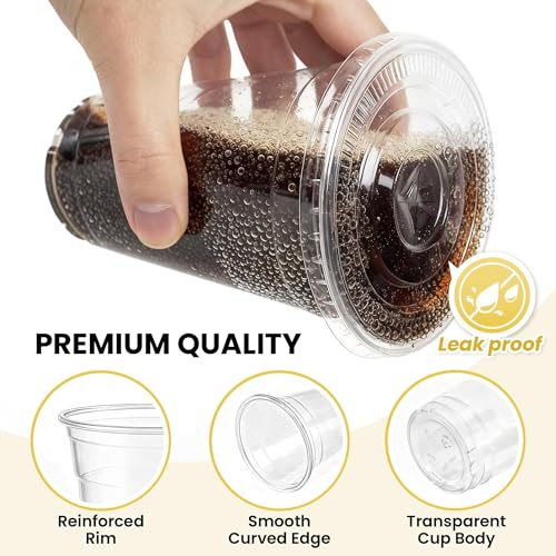 100 Pack 16 oz Plastic Cups with Lids and Straws, Clear Disposable Plastic Cups, Heavy Duty Iced Coffee Cups with Leak-Resistant Lids, Cold Drink Cups for Smoothies, Juice, Soda & Party To Go