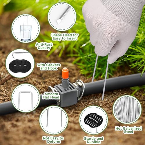 JELNER Garden Stakes,6 Inch 11 Gauge 50pcs Galvanized Landscape Staples + 50pcs Gaskets + 1Pick Hook,Tent Stakes Landscaping Fabric SOD Pins for Weed Fabric Barrier,Groud Cover,Fence