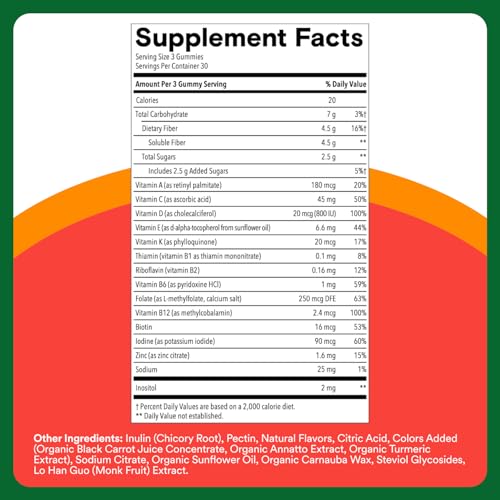SmartyPants Kids Multivitamin & Fiber Gummies: Prebiotic Fiber to Support Kids Digestion with Vitamin D3, C, Vitamin B12, B6, A, Zinc, Biotin, Folate, Three Fruit Flavors, 90 Count (30 Day Supply)