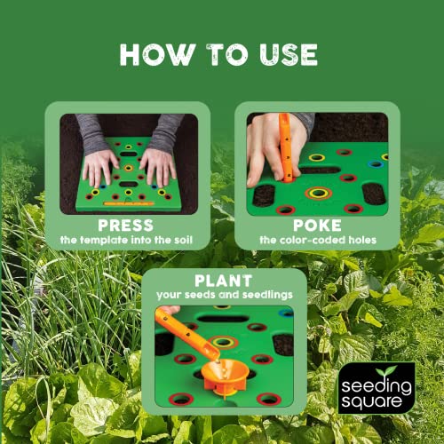 Seeding Square - Patented Seed and Seedling Spacer Tool for Bigger Harvests, Organized Plants & Fewer Weeds – Color-Coded Gardening Template with Dibber, Seed Spoon, Ruler & Planting Guide