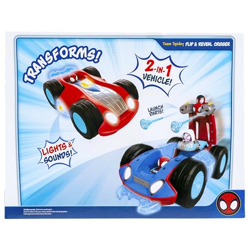 Jazwares Marvel Spidey and His Amazing Friends Team Spidey Flip and Reveal Cruiser - 11-Inch Double-Sided Vehicle with Lights, Sounds, and Web Blast Launchers