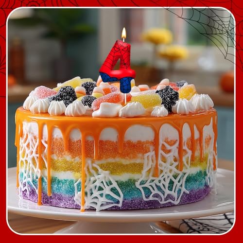 Spider Themed Birthday Candles Number 4 Red Blue Spider Web Themed Cake Topper Candle Party Decoration Birthday Party Celebrations Supplies Favors (Number 4)