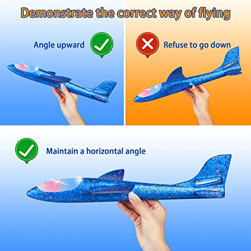 2 Pack LED Light Airplane,17.5" Large Throwing 2 Flight Mode Glider Plane,Flying Toy for Kids,Gifts for 3 4 5 6 7 8 9 Years Old Boy,Outdoor Sport Toys Birthday Party Favors Foam Airplane
