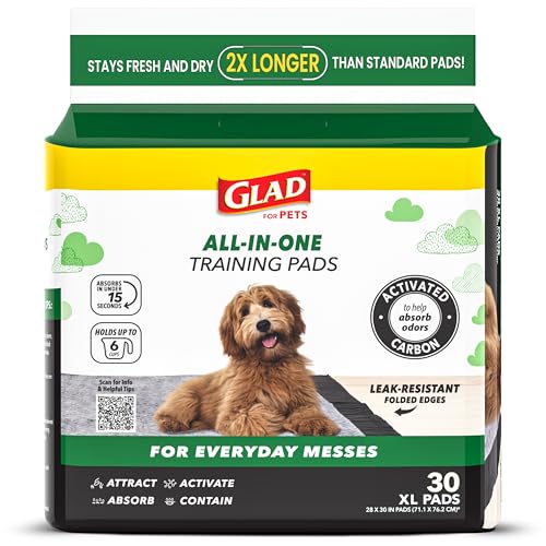 Glad for Pets Extra Large Charcoal Training Pads for Dogs and Puppies, Activated Carbon Odor Control, 6-Layer Absorbent Leak-Proof Pee Pads with Pheromone Attractant, 28 x 30 in, 30 Count