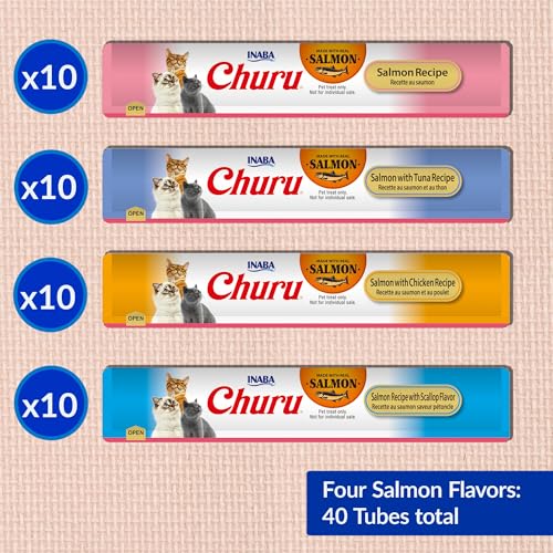 INABA Salmon Churu Cat Treats, Lickable, Squeezable Creamy Purée Cat Treat with Green Tea Extract & Taurine, 0.5 Ounces Each Tube, 40 Tubes, Salmon Variety Box