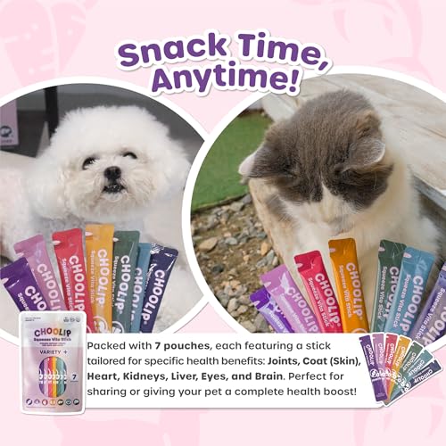 Choolip Squeeze Vita Stick Lickable Cat and Dog Treats - 7-Count Variety Pack - Creamy Puree with Multivitamins for Joints, Skin, Heart, Kidney, Liver, Eyes & Brain - Grain-Free & Vet-Formulated