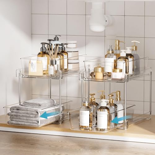 Vtopmart 4 Pack Bathroom Organizer, 2 Tier Clear Under Sink Organizers Vanity Countertop Storage Container,Cabinet Drawers Bins, Pull-Out Organization with Track for Pantry, Kitchen