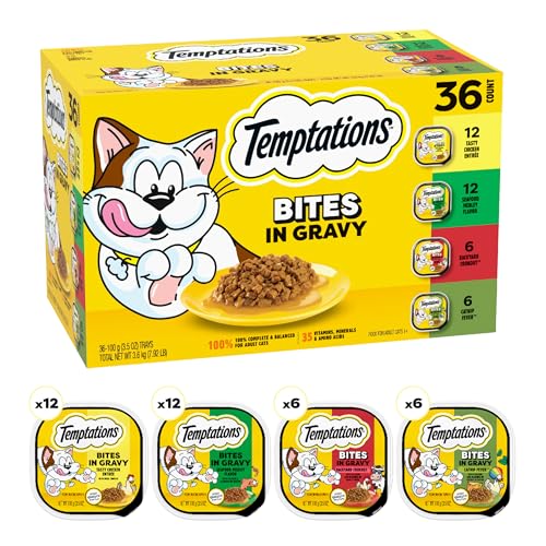 Temptations Bites in Gravy Adult Wet Cat Food Tasty Chicken Entree, Seafood Medley, Backyard Cookout, and Catnip Fever, 3.5 oz. Trays (36 Count, Pack of 1)