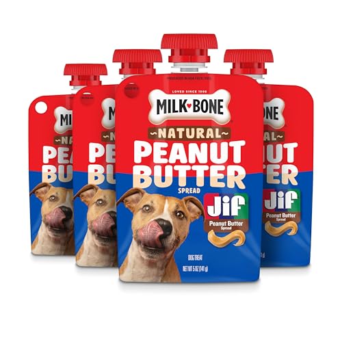 Milk-Bone Natural Peanut Butter Spread with Jif, Lickable Dog Treats in a Squeezable Pouch, 5 Oz. (Pack of 4)