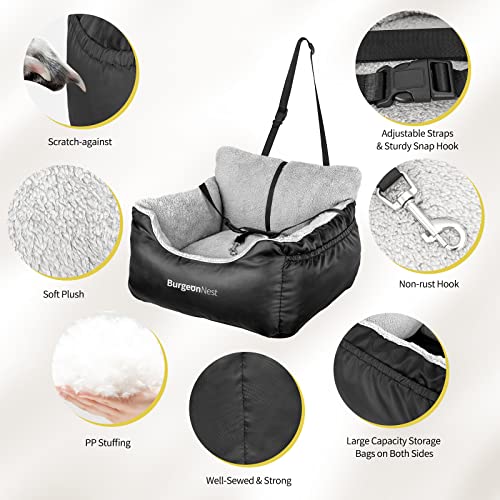 BurgeonNest Dog Car Seat for Small Dogs, Soft Pet Car Travel Home Bed Under 25 lbs, Fully Detachable and Washable Cat Booster Carseats with Storage Pockets and Clip-On Leash Portable Carrier,Black