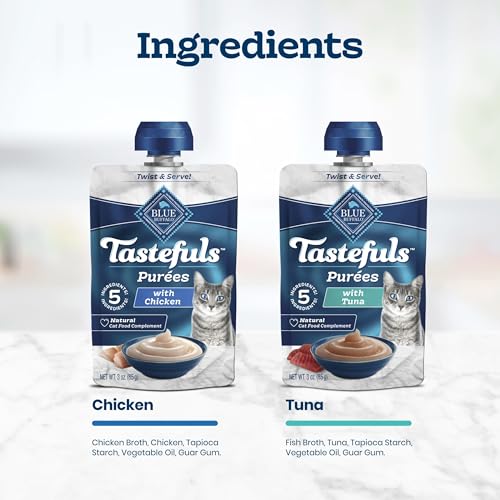 Blue Buffalo Tastefuls Purées Variety Pack Wet Cat Food Complement (Chicken & Tuna) Made with Natural Ingredients, for All Life Stages, 3-oz. Resealable Pouches (12 Count)
