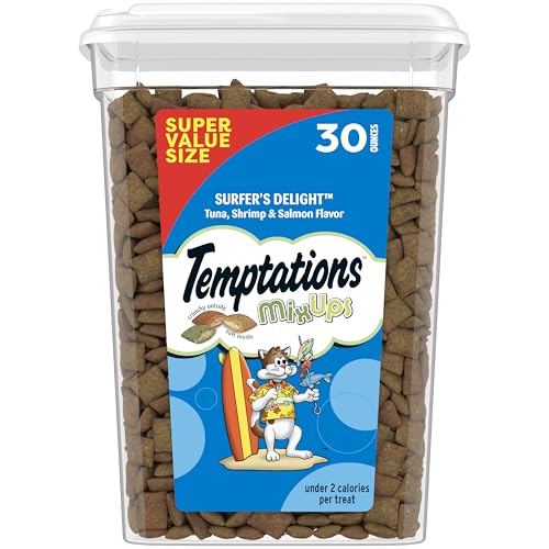 Temptations Cat Treats MixUps Surfer's Delight, Tuna, Shrimp, Salmon Flavor, Crunchy and Soft Cat Treats, 30 oz. Tub