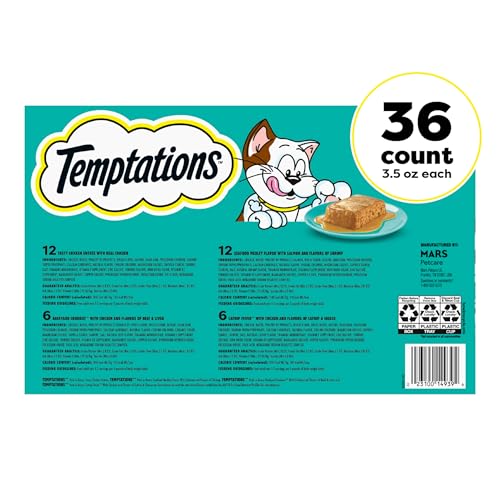 Temptations Pate in Gravy Adult Wet Cat Food Tasty Chicken Entree, Seafood Medley, Backyard Cookout, and Catnip Fever, 3.5 oz. Trays (36 Count, Pack of 1)