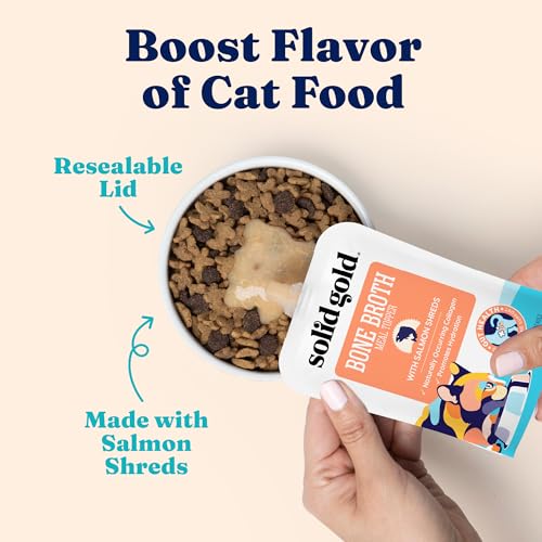 Solid Gold Bone Broth Cat Food Topper - Limited Ingredient Lickable Cat Broth Pouches w/Salmon Protein Shreds & Collagen for Hydration & Gut Support - Easy to Serve Gravy for Cats Meal Topper - 12ct