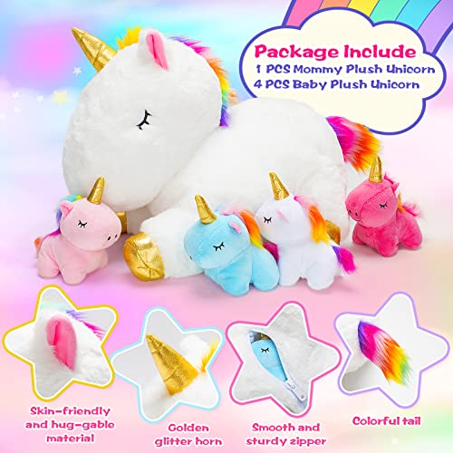 KMUYSL Toys for Girls Ages 0 1 2 3 4 5 6 7 8+ Years - Unicorn Mommy Stuffed Animal with 4 Baby Unicorns in Her Tummy, Soft Unicorn Plush Toys Set, Christmas Birthday Gifts for Baby, Toddler, Kids