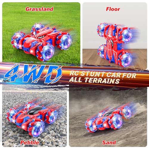 Punieayi Spider Remote Control Car, 2.4Ghz RC Cars with Headlight Double Sided Off-Road 360° Rotating Rechargeable 4WD RC Stunt Car Indoor Outdoor Spider Toys for Boys 4-6 5-7 8-13