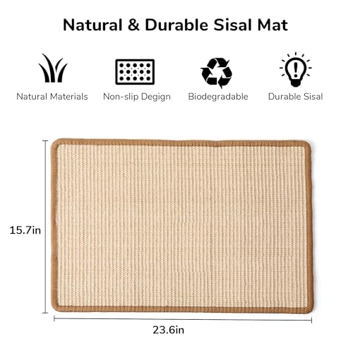 FUKUMARU Cat Scratcher Mat, 23.6 X 15.7 Inch Natural Sisal Cat Scratch Mats, Horizontal Cat Floor Scratching Pad Rug with Sticky Tapes, Protect Sofa and Carpet