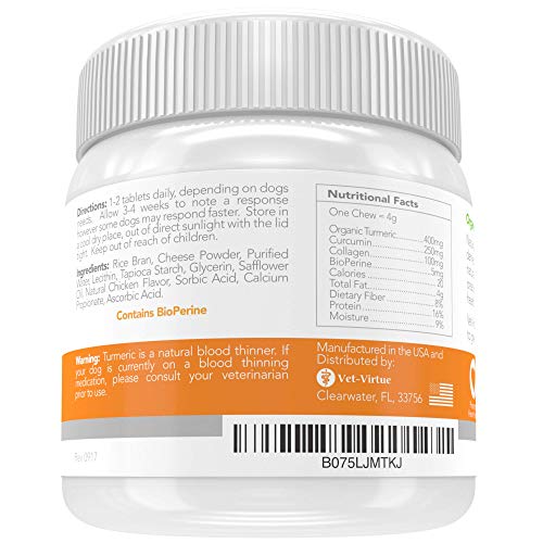 Turmeric for Dogs, Organic Curcumin Joint Supplement, 60 Chews | Helps support hips, mobility and a healthy inflammatory response; made with collagen and BioPerine for absorption
