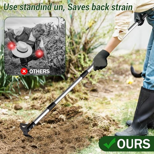 Weed Puller Tool with Long Handle 2-in-1 Garden Hoe and Weed Rake | Adjustable Length Weeding Tool, Heavy Duty Weed Remover, Hoe Garden Tools for Weeding, Home Gardens, Lawns, Patio, Yards