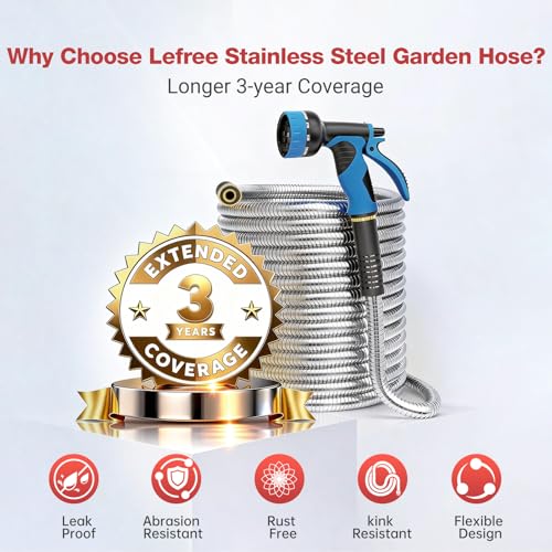 Lefree 100ft Metal Garden Hose - Heavy Duty 304 Stainless Steel Flexible Water Hose, No Kinks & Leak-Proof with Upgraded Handle, 10-Function Spray Nozzle & 4 Spare Gaskets for Yard, RV, Pet Bath