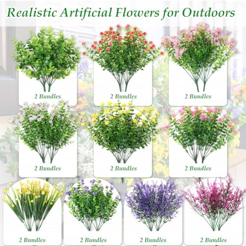 20 Bundles Artificial Spring Summer Flowers Bulk for Outdoors, UV Resistant | Silk Fake Wildflowers and Plastic Faux Lavender Plants for Outside Garden Patio Porch Window Box Hanging Basket Decor