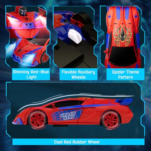 Qumcou Spider Toys, One-Button Transform Superhero Remote Control Car, 2.4Ghz RC Cars, 360° Spin 1:16 Scale Car Toys, Shining Red and Blue Light, Birthday Gifts for 3 4 5 6 7 8 9 10 Years Old Boys