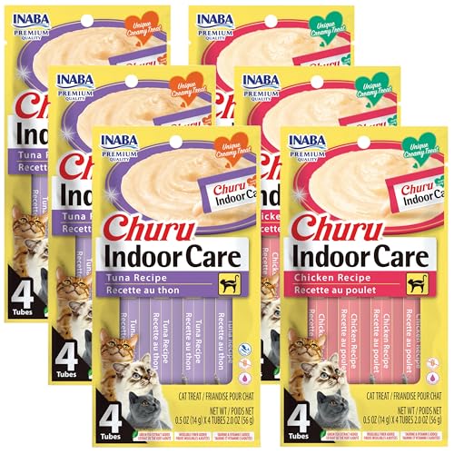 INABA Churu for Cats, Functional, Creamy Lickable Purée Cat Treat for Indoor Care and Hairball Control, 0.5 Ounces Each, 24 Tubes (4 per Pack), 2 Flavor Tuna and Chicken Variety Pack