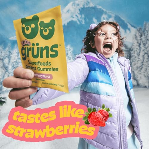 Gruns Multivitamin for Kids, Super Greens Gummies, Superfood Gummy Bears with 20+ Vitamins & Minerals, Spirulina, Chlorella, Alfalfa, Prebiotics Fiber for Digestive Health, Adaptogens Supplement, 28ct