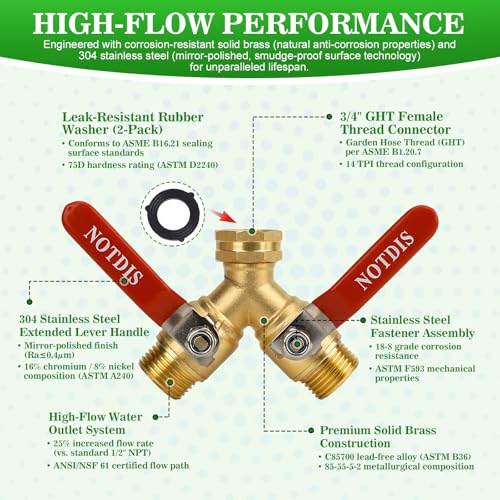 Hose Splitter 2 Way Heavy Duty Brass Garden Hose Splitter with 304 Stainless Steel Long Handle Outdoor Full Flow Hose Splitter Connector,Y Valve 3/4 Inch GHT Thread