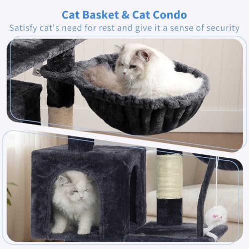Heybly Cat Tree with Toy, Cat Tower condo for Indoor Cats, Cat House with Padded Plush Perch, Cozy Hammock and Sisal Scratching Posts, Smoky Gray HCT004SG